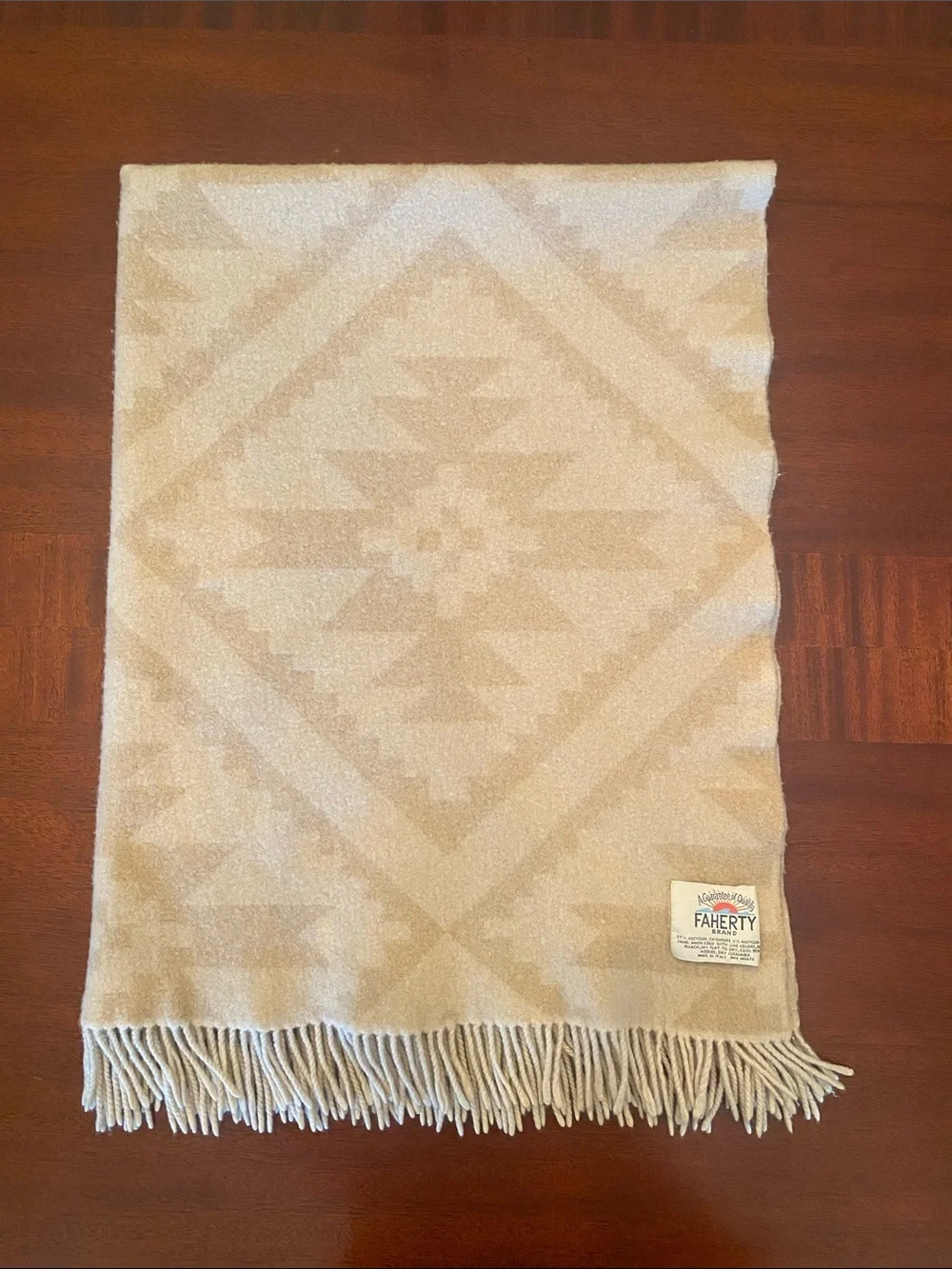 Faherty Cream & Beige Geometric Cashmere Wool Throw with Fringe Made in Italy